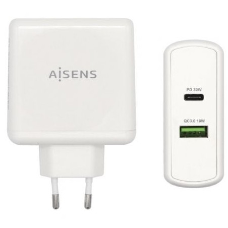 Cargador de Pared Aisens ASCH-2PD30QC-W/ 1xUSB Tipo-C/ 1x USB/ 48W - ASCH-2PD30QC-W