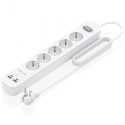 Regleta con Interruptor Aisens ASPS-2A2C14-W/ 5 Tomas de Corriente/ 2 USB - 2 USB Tipo-C/ Cable 1.4m/ Blanco - ASPS-2A2C14-W
