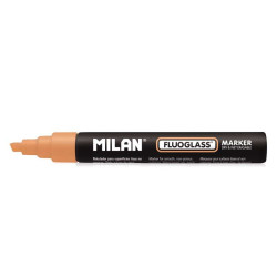 Milan Fluoglass Rotulador Superficies Lisas - Punta Biselada - Trazo de 2 - 4mm - Tinta al Agua - Borrado Facil - Color Naranja 