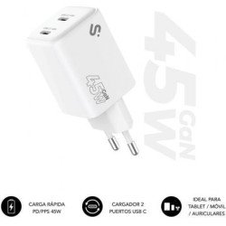 Cargador de Pared GaN Subblim 45W Charger USB C+C/ 2xUSB Tipo-C/ 45W - SUBCHG-6G4520
