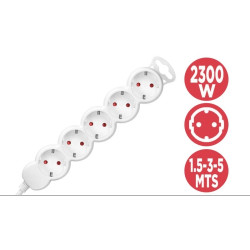 Phasak - Regleta 5 tomas schuko sin interruptor blanca - Cable 1,5 metros - BN 3020