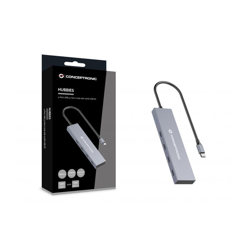 CONCEPTRONIC HUB USB 3.2  HUBBIES14G 4 PUERTOS USB-C 100W PD CARCASA DE ALUMINIO - HUBBIES14G